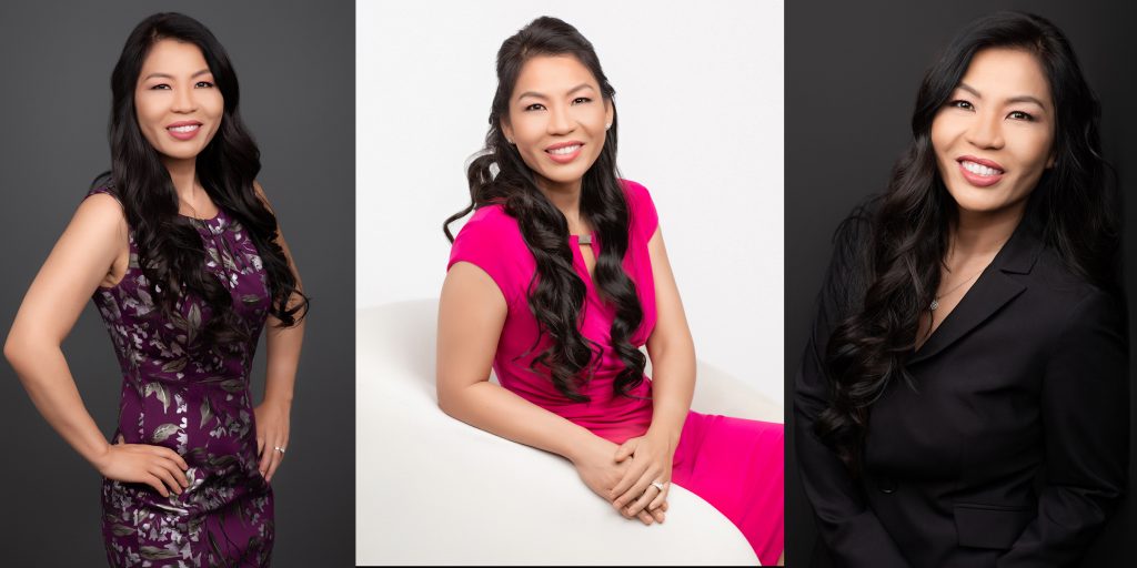 Three images of headshots of women. One image women is standing with arms on hips. Second image woman is sitting in a white chair. Third image woman is standing against a black background.